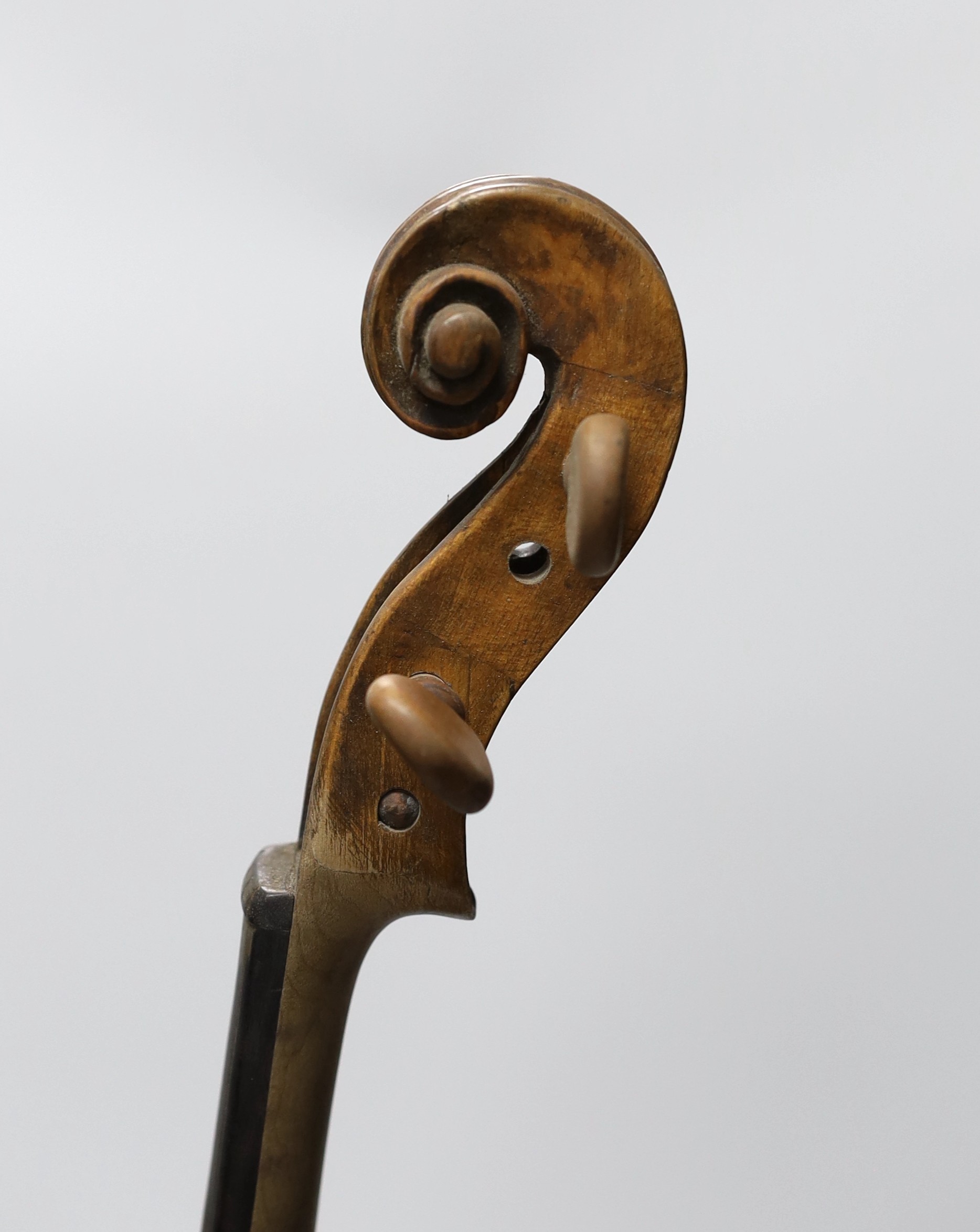 An 18th century German violin labelled Martin Leibmuller Mittenwalde, length of back 14ins, with a Cuniot-Hury Mirecourt bow (cites)
